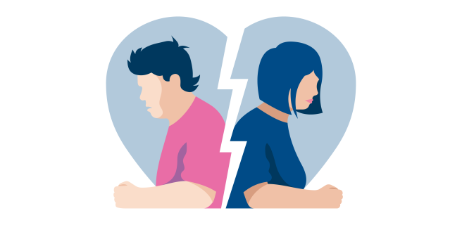 mies ja nainen piirroshahmoina selät vastatusten