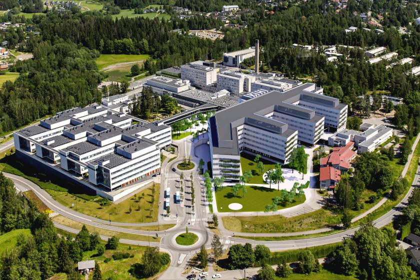 Havainnekuva Jorvin sairaalan uudesta osastorakennuksesta sairaala-alueen ilmakuvassa.