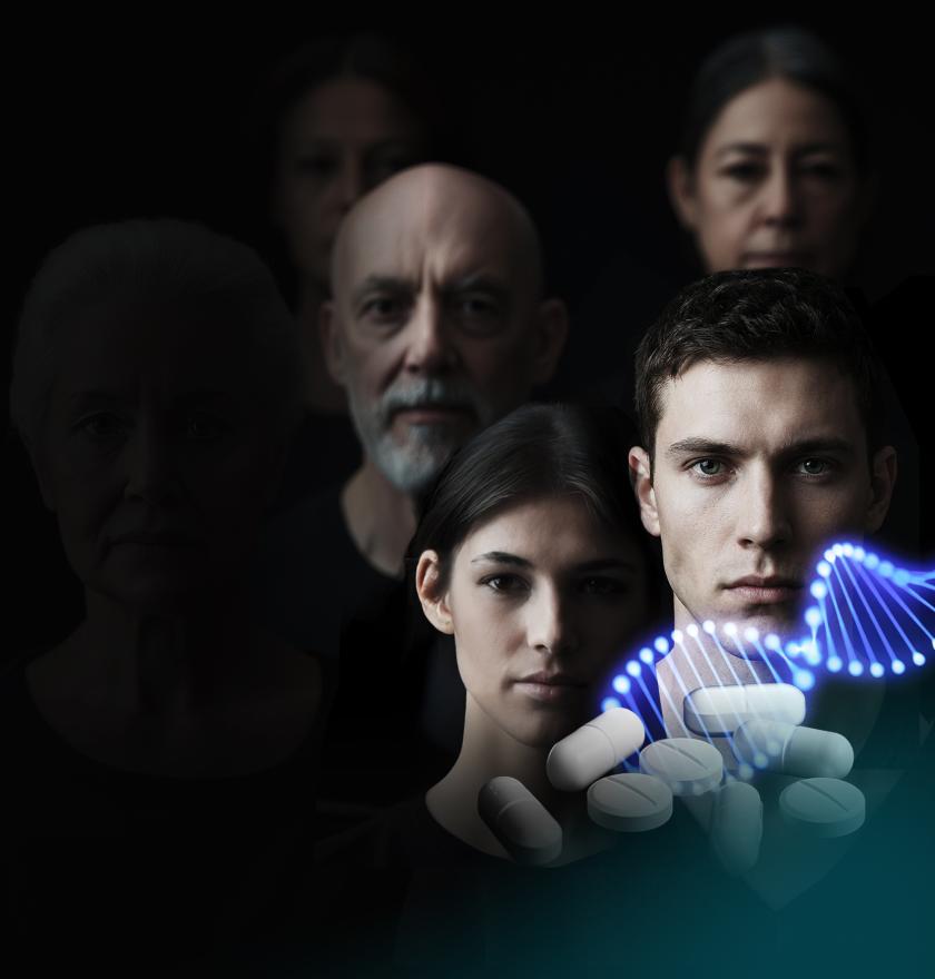 ihmisiä tummaa taustaa vasten ja etualalla lääkepillereitä ja dna-kierre