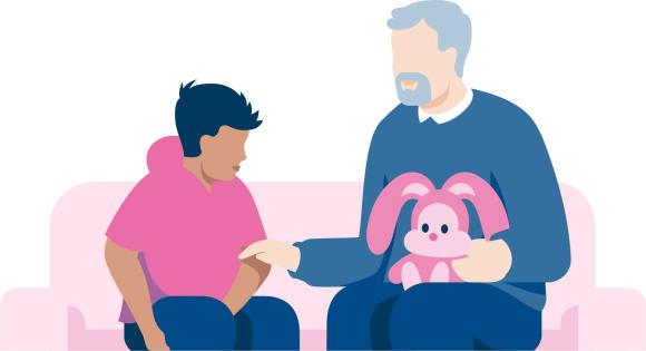 Kuvituskuva. Lapsi ja vanhempi istuvat nojatuoleissa ja keskustelevat.