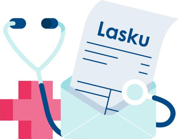 Piirroskuva laskusta, stetoskoopista ja punaisesta rististä.