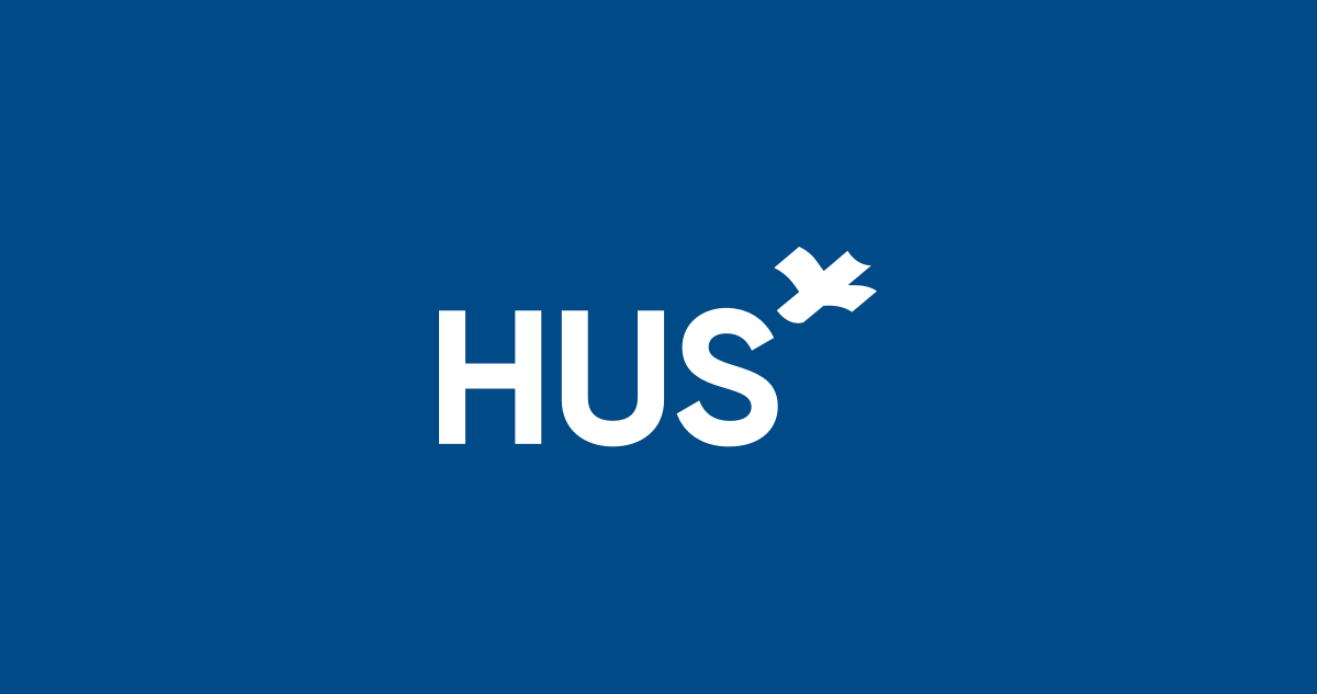 HUS logo sinisellä taustalla