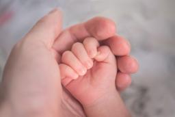 Vauvan käsi lepää aikuisen kämmenellä.