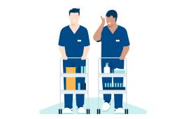 Kuvituskuva Kaksi henkilöä keskustelee ja työntää sairaalakärryjä