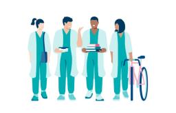 Piirroskuva neljästä lääkäristä rivissä, yksi taluttaa pyörää